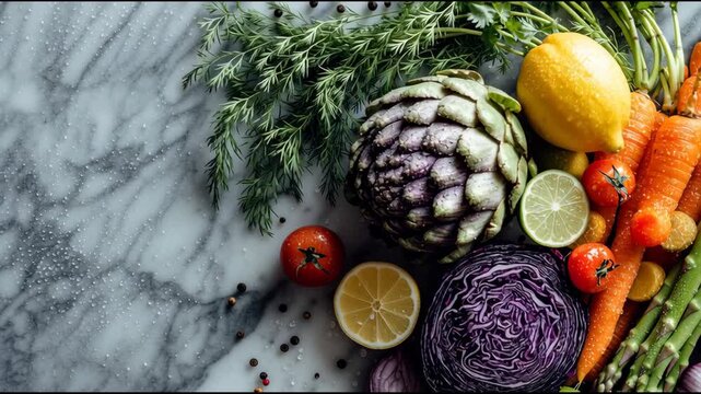 Fresh Harvest: A vibrant assortment of organic produce, including juicy tomatoes, zesty lemons, and crisp asparagus, artfully arranged to showcase the bounty of the harvest. 