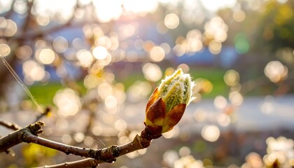 Spring bud on branch, golden hour lighting, blurred background, capturing nature's awakening