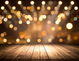 Wooden table with bokeh lights