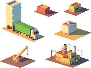 Isometric industrial buildings, factory, warehouse, crane, and delivery truck set for logistics, construction, and urban planning concepts