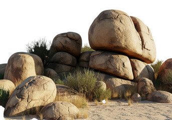 Large boulders and desert vegetation isolated on transparent background
