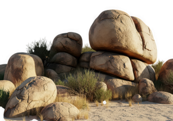 Large boulders and desert vegetation isolated on transparent background