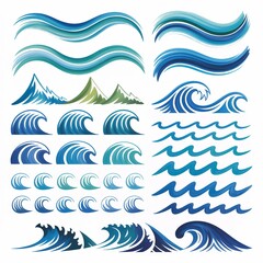 Collection of wave and mountain illustrations in various styles on a white background