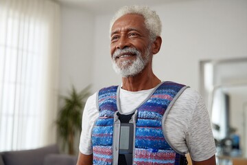 Senior Man in Weighted Vest at Home Gym, Inspiring Health and Wellness Lifestyle