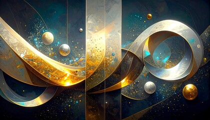 Gold & silver ribbons weave amidst cosmic dust, orbs float within a dark, textured background