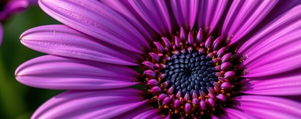 Fototapeta premium Vibrant purple African daisy close-up, showcasing intricate petal details and pollen. Rich color and textures ideal for nature, botanical, or floral designs, botanical, background, african daisy