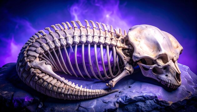 Skeleton on Rock Against a Purple Glowing Background