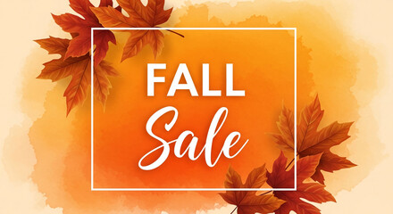 Orange watercolor background with autumn leaves and white frame, announcing Fall Sale, showcasing seasonal discounts and promotions, ideal for advertising banners or social media