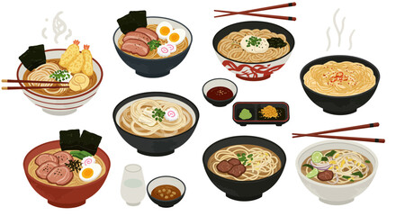 A collection of eight bowls of Japanese noodles including ramen and udon with accompaniments