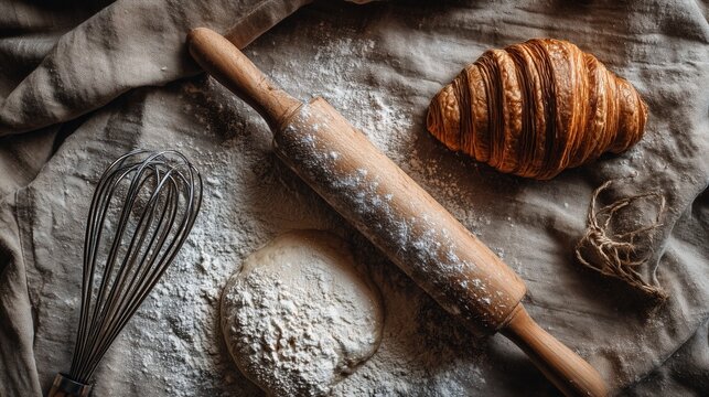 A rustic, top-down view of baking ingredients and tools. - Powered by Adobe