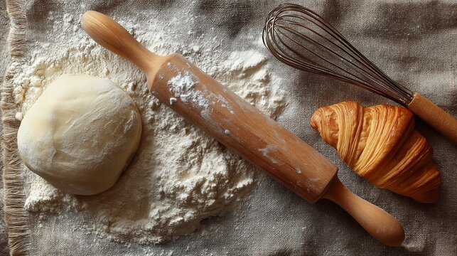 A rustic, top-down view of baking ingredients and tools. - Powered by Adobe