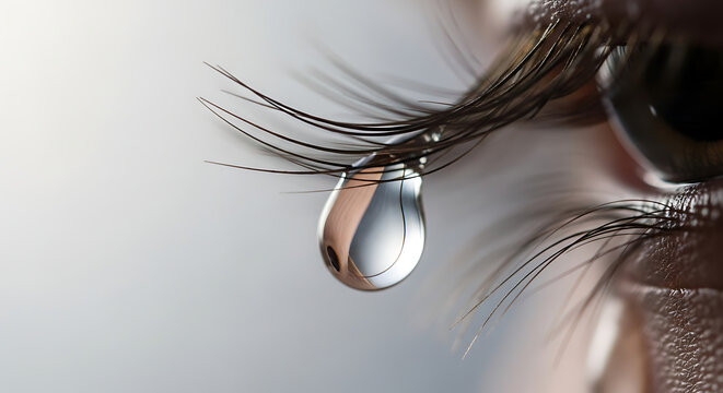 Close-up View of a tear hanging on a long eyelash, conveying sadness or emotional pain