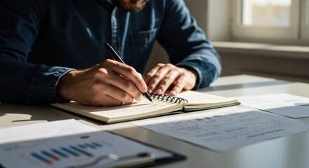 Writing notes and analyzing data at a desk office setting business documentation natural light view