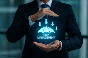 Risk Management Strategy – Businessman Protecting Business Assets with Digital Umbrella Icon for Corporate Safety and Financial Security