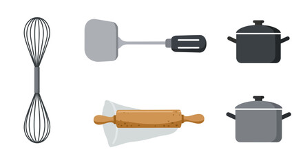 A collection of six kitchen utensils a whisk a spatula two pots and a rolling pin