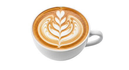 Latte art in a white coffee cup isolated PNG with Transparent Background