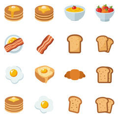 A grid of sixteen icons depicting various breakfast foods against a white background