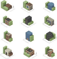Isometric modern building set with green blocks, vector architecture icons, urban planning elements, game assets, UI design, minimalist cityscape, digital illustration, 3D low poly