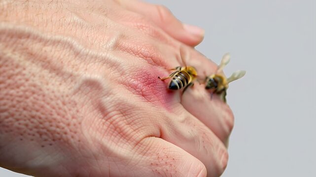 Bee sting on swollen hand with bees on the skin  