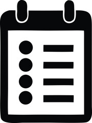 Simple black and white icon of a calendar page with a checklist and four bullet points for planning events and tasks