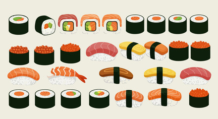 A variety of sushi rolls and nigiri arranged in three rows against a pale background