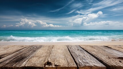 Fototapeta premium A wooden deck with a view of the ocean and waves.