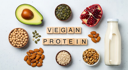 Delicious Vegan Protein Sources A Nutritious Spread of Avocados, Nuts, and Milk for Health