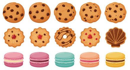 Assortment of cookies and macarons displayed in three rows