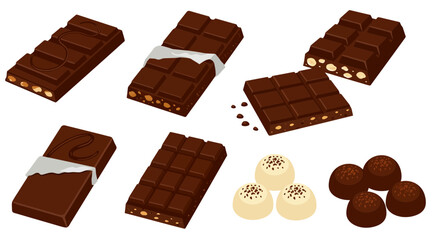 Assortment of dark chocolate bars with nuts and truffles on white