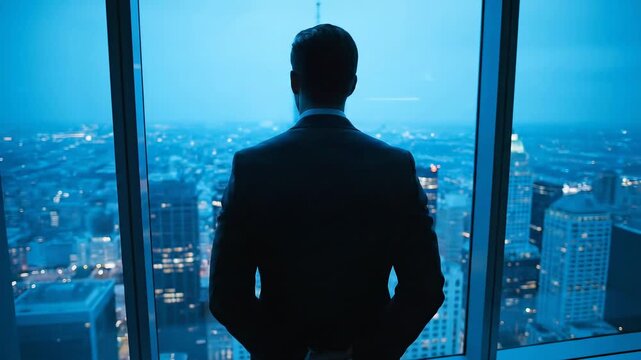 Businessman in suit standing by window overlooking city skyline