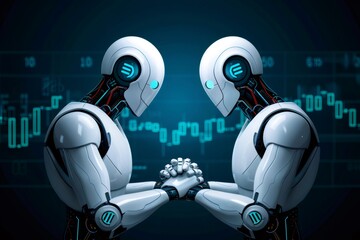 Naklejka premium Robots arm wrestling, competing in artificial intelligence stock market