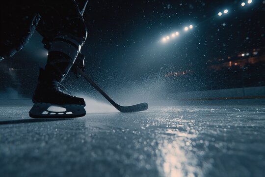 Player prepares to shoot on the ice during a hockey game in a well-lit arena at night