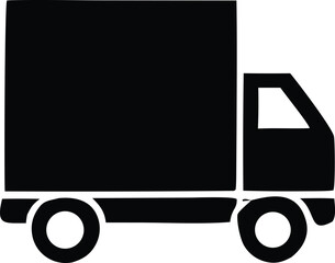 Simple black silhouette icon of a delivery truck with cargo box and wheels representing logistics and transportation services