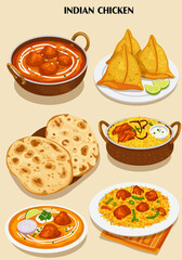 Assortment of illustrated Indian chicken dishes naan and samosas