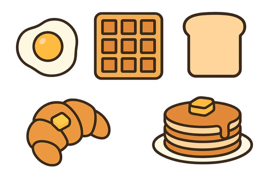 Variety of classic morning breakfast foods featuring fried egg waffle toast croissant and stack of pancakes with butter and syrup