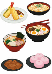 Assortment of Japanese dishes including tempura ramen udon karaage and mochi