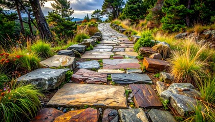 Colorful stone path through garden