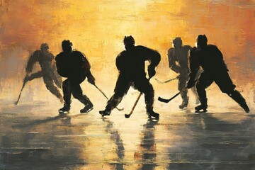 Hockey players compete on ice under a dramatic sunset backdrop during a thrilling match at a local rink