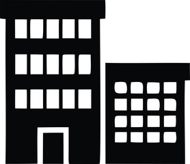 Simple silhouette iconography of modern office buildings with multiple windows representing business and urban architecture