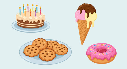 Assortment of sweet treats including a cake ice cream cookies and a donut