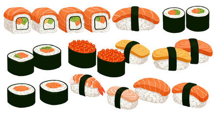 Assortment of various types of colorful sushi rolls and nigiri pieces