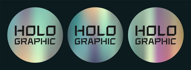 Three of realistic sticker, label, tag with holographic effect. Isolated shiny rainbow emblem, hologram template, mockup. Vector EPS10	