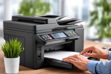 Person loading paper into multifunction printer tray