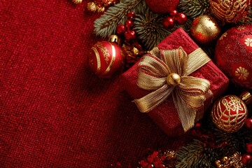 Holiday gift wrapped in red and gold sits among festive decorations on a rich red background