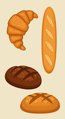 Cartoon illustration of four baked bread items on a light background