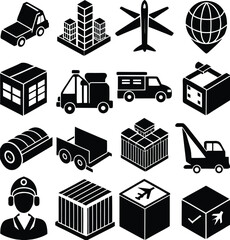Diverse logistics and shipping icons set transport vehicles cargo containers global delivery symbols isolated objects representing supply chain and freight.