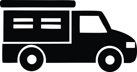 Simple silhouette of a camper van or truck with a sleeping pod ideal for travel adventure and outdoor living