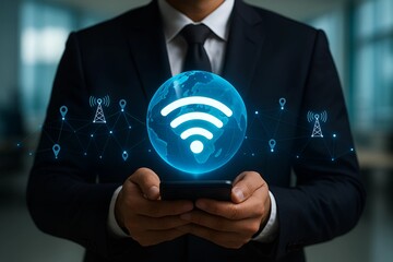 Global Wireless Connectivity – Businessman Holding Smartphone with Digital WiFi Globe and Network Icons for Modern Communication