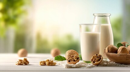 A serene display of fresh walnuts and a glass of creamy milk on a rustic wooden table, set against a soft, natural backdrop.