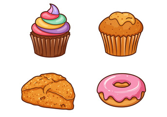 Four illustrations of baked sweet treats cupcake muffin pastry and donut
